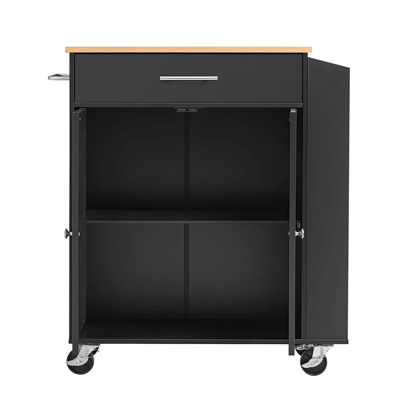 VEVOR virtuves sala uz riteņiem ar uzglabāšanas vietu, 795 mm plata mobilā virtuves sala ar grozāmiem riteņiem, atvilktni, uzglabāšanas skapi un garšvielu/dvieļu plauktu, galds mājai un ēdamistabai, melna