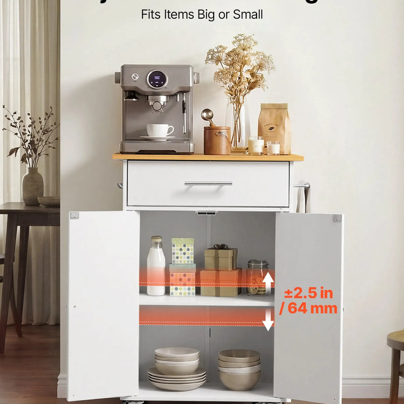 VEVOR virtuves sala uz riteņiem ar uzglabāšanas vietu, 631 mm plats mobilais virtuves ratiņš ar grozāmiem riteņiem, atvilktni, uzglabāšanas skapi, dvieļu turētāju un āķiem, galds mājai un ēdamistabai, balts