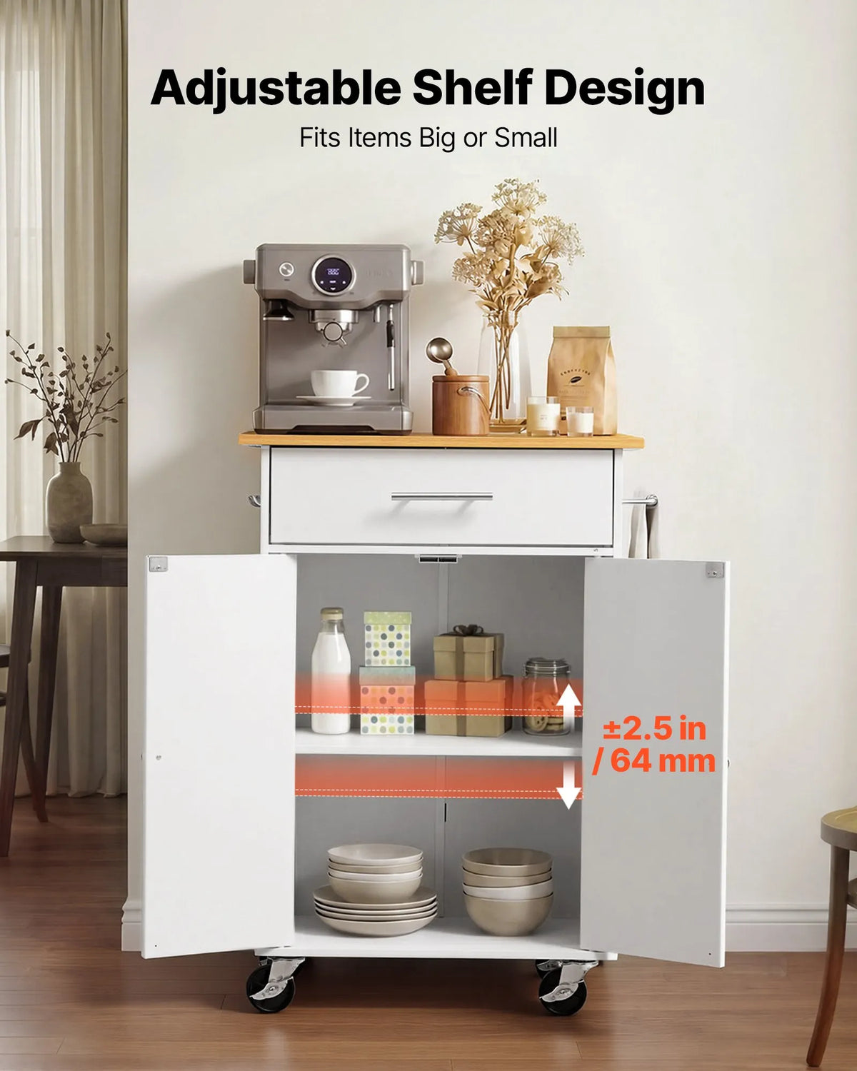 VEVOR virtuves sala uz riteņiem ar uzglabāšanas vietu, 631 mm plats mobilais virtuves ratiņš ar grozāmiem riteņiem, atvilktni, uzglabāšanas skapi, dvieļu turētāju un āķiem, galds mājai un ēdamistabai, balts
