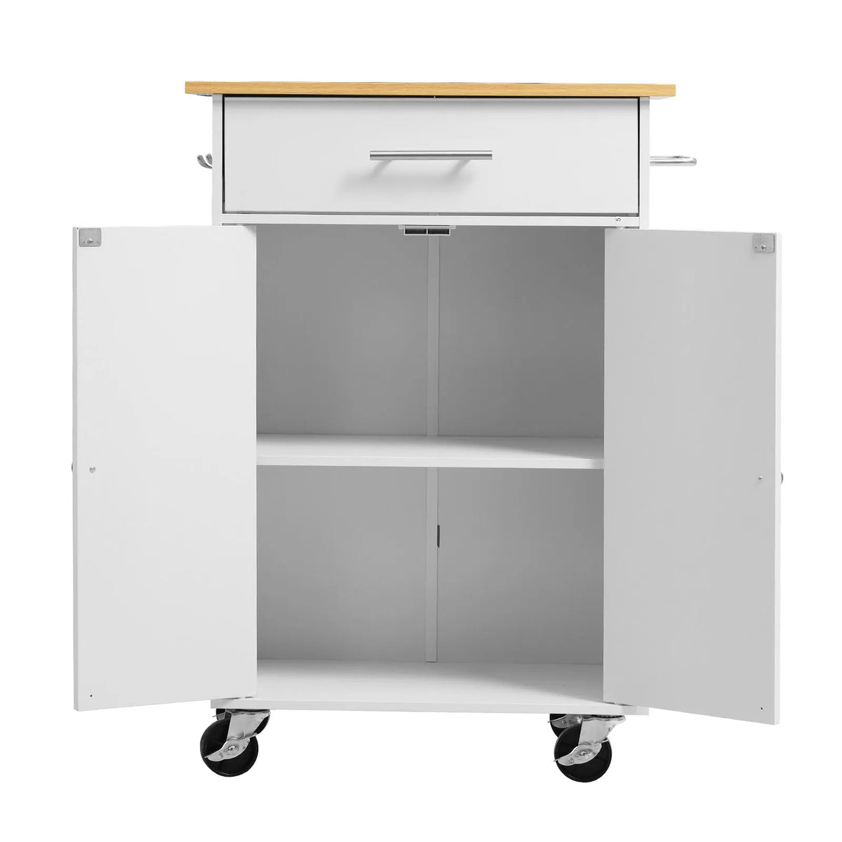 VEVOR virtuves sala uz riteņiem ar uzglabāšanas vietu, 631 mm plats mobilais virtuves ratiņš ar grozāmiem riteņiem, atvilktni, uzglabāšanas skapi, dvieļu turētāju un āķiem, galds mājai un ēdamistabai, balts