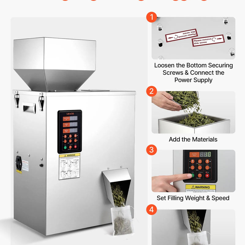 VEVOR pulvera pildīšanas iekārta, 10–500 g automātisks dozators, augstas precizitātes nerūsējošā tērauda viedā svēršanas un dozēšanas iekārta kafijas pupiņām, graudiem, tējai un garšvielām, sudraba krāsā