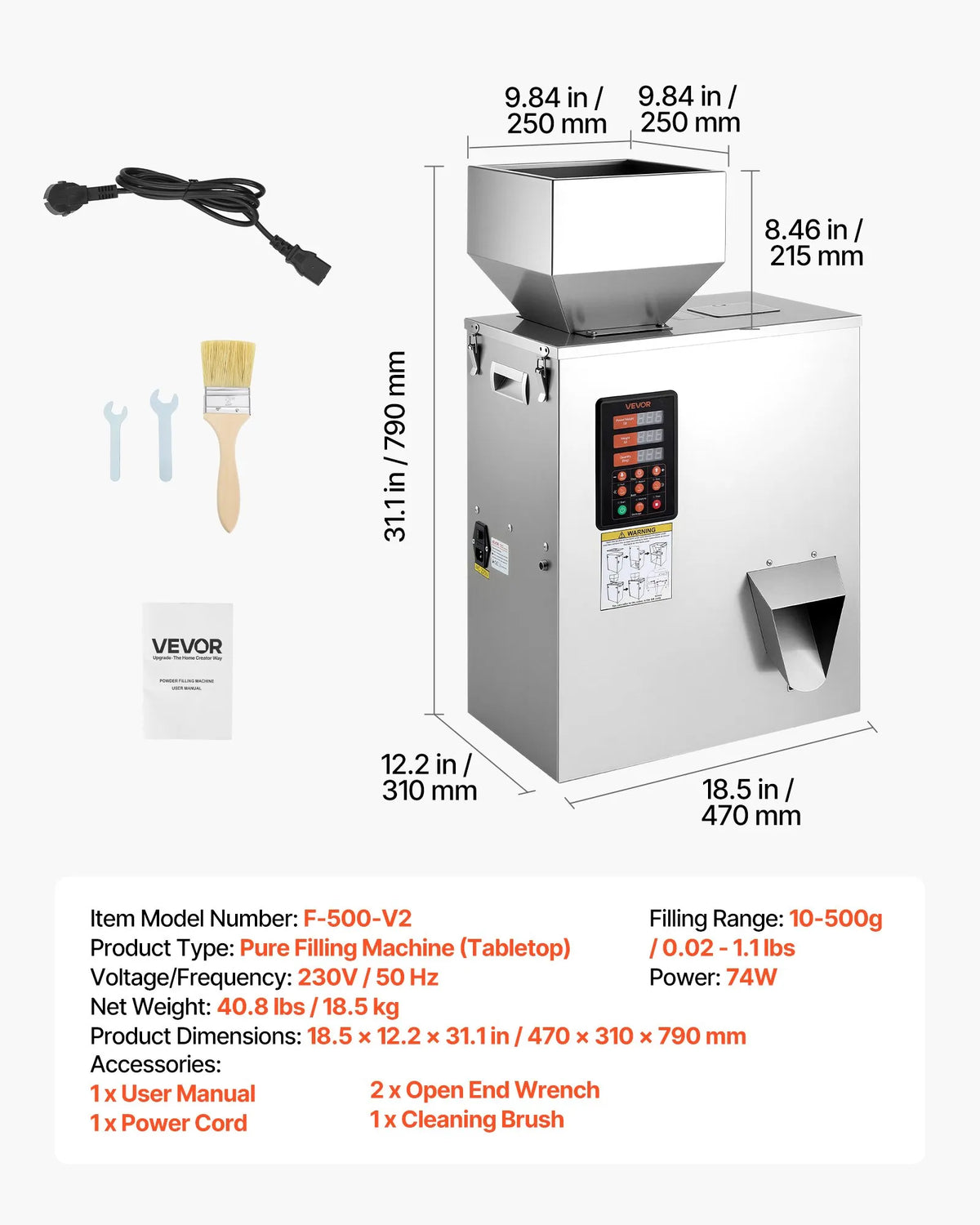 VEVOR Powder Filling Machine 10–500 g, Automatic Dispenser with Smart Weighing, Stainless Steel