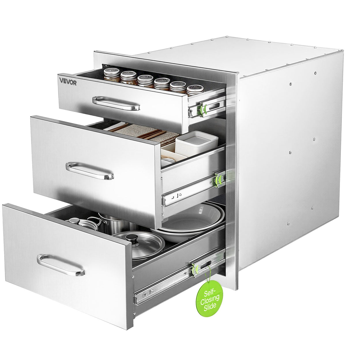VEVOR āra virtuves atvilktņu bloks, 3 līmeņi, 51,8 × 52 × 44,2 cm, iebūvējams BBQ salā, ar rokturiem