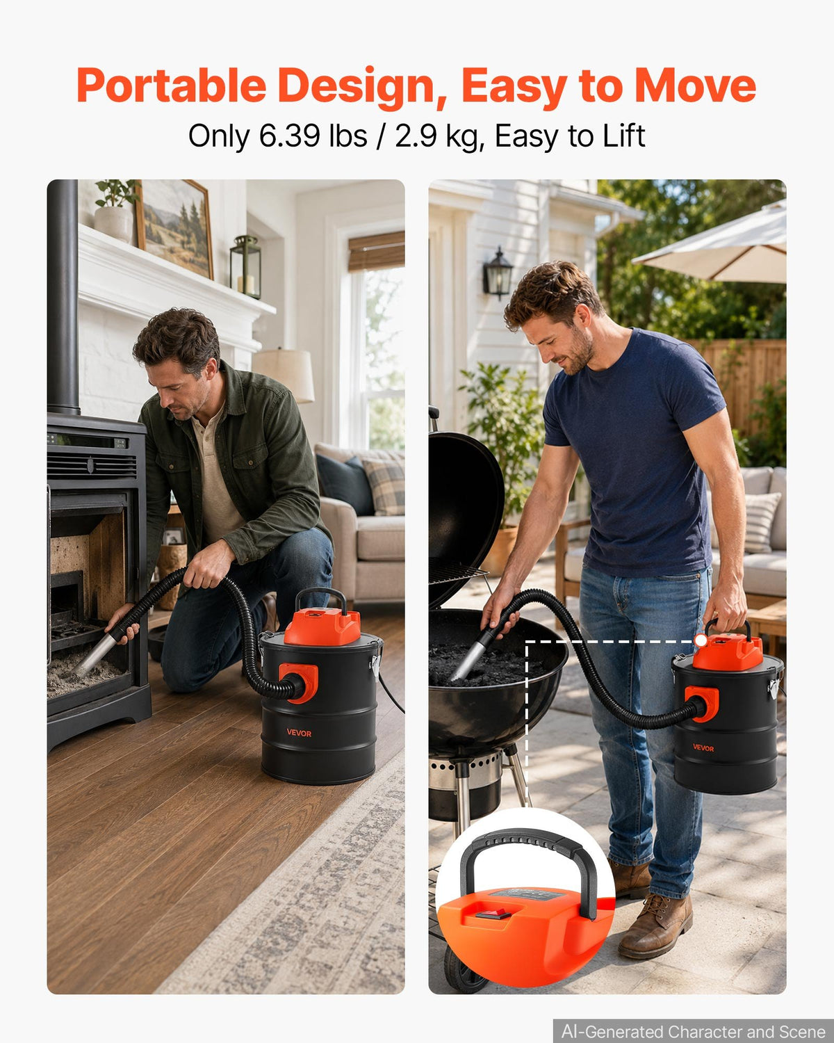 VEVOR 15 l pelnu putekļsūcējs ar 1200 W jaudu, tērauda korpusu, divpakāpju filtrāciju un 0,8 m šļūteni kamīniem, krāsnīm un griliem