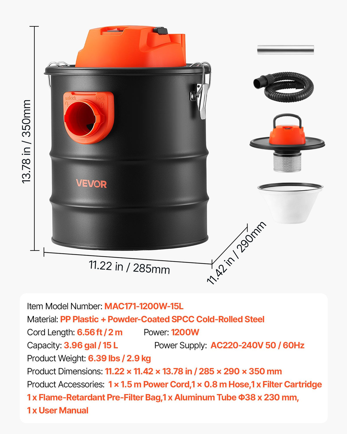VEVOR 15 l pelnu putekļsūcējs ar 1200 W jaudu, tērauda korpusu, divpakāpju filtrāciju un 0,8 m šļūteni kamīniem, krāsnīm un griliem