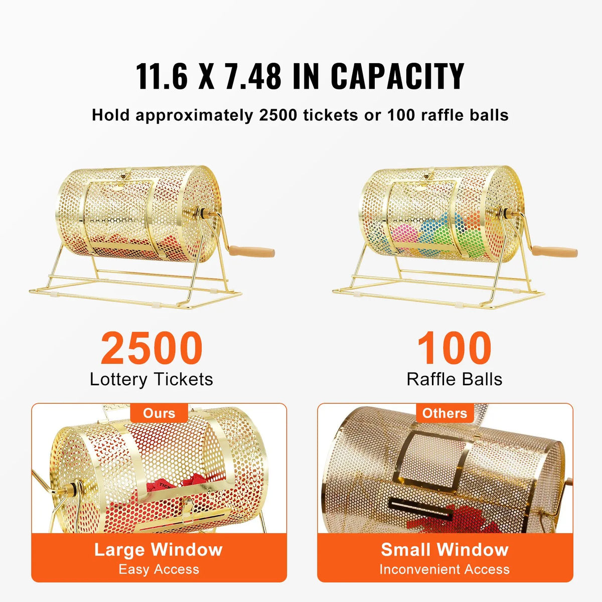 VEVOR misiņa pārklājuma loterijas bungas 295 × Ø190 mm, metāla izlozes grozs ar koka rokturi, ietilpība līdz 2500 biļetēm vai 100 pingponga bumbiņām, piemērots bingo un balsošanai - ZEMLETES.LV