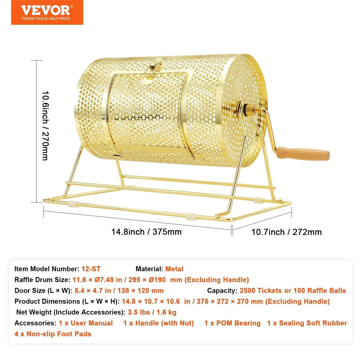 VEVOR misiņa pārklājuma loterijas bungas 295 × Ø190 mm, metāla izlozes grozs ar koka rokturi, ietilpība līdz 2500 biļetēm vai 100 pingponga bumbiņām, piemērots bingo un balsošanai - ZEMLETES.LV