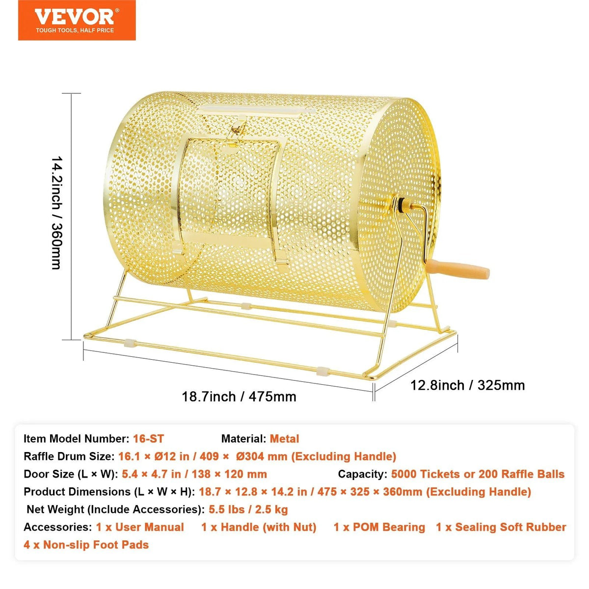 VEVOR misiņa pārklājuma loterijas bungas 409 × Ø305 mm, metāla izlozes grozs ar koka rokturi, ietilpība līdz 5000 biļetēm vai 200 pingponga bumbiņām, piemērots bingo un balsošanai - ZEMLETES.LV