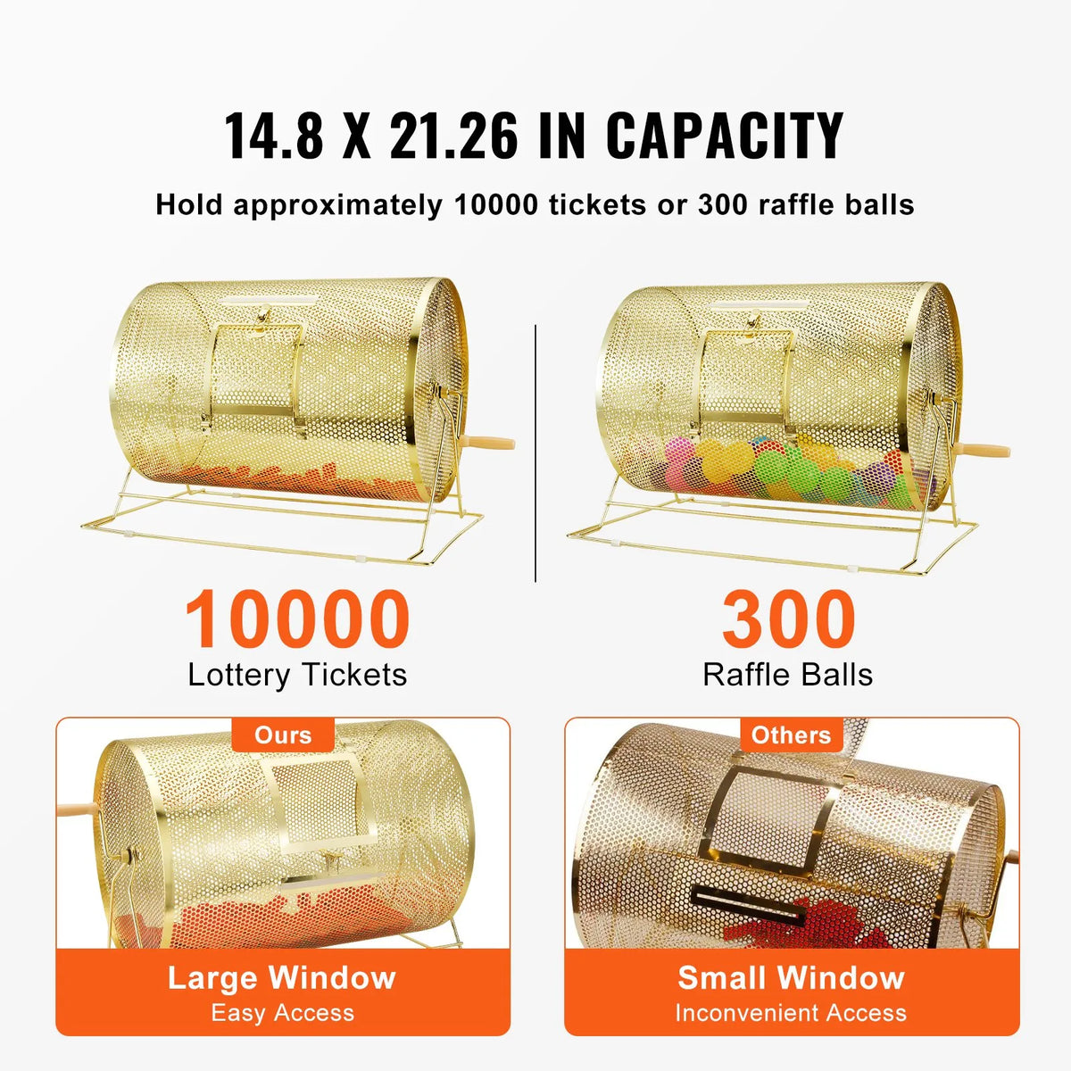 VEVOR misiņa pārklājuma loterijas bungas 376 × Ø540 mm, metāla izlozes grozs ar koka rokturi, ietilpība līdz 10000 biļetēm vai 300 pingponga bumbiņām, piemērots bingo un balsošanai - ZEMLETES.LV
