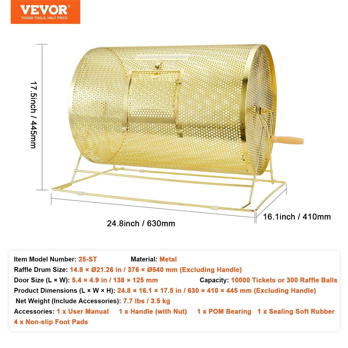 VEVOR misiņa pārklājuma loterijas bungas 376 × Ø540 mm, metāla izlozes grozs ar koka rokturi, ietilpība līdz 10000 biļetēm vai 300 pingponga bumbiņām, piemērots bingo un balsošanai - ZEMLETES.LV