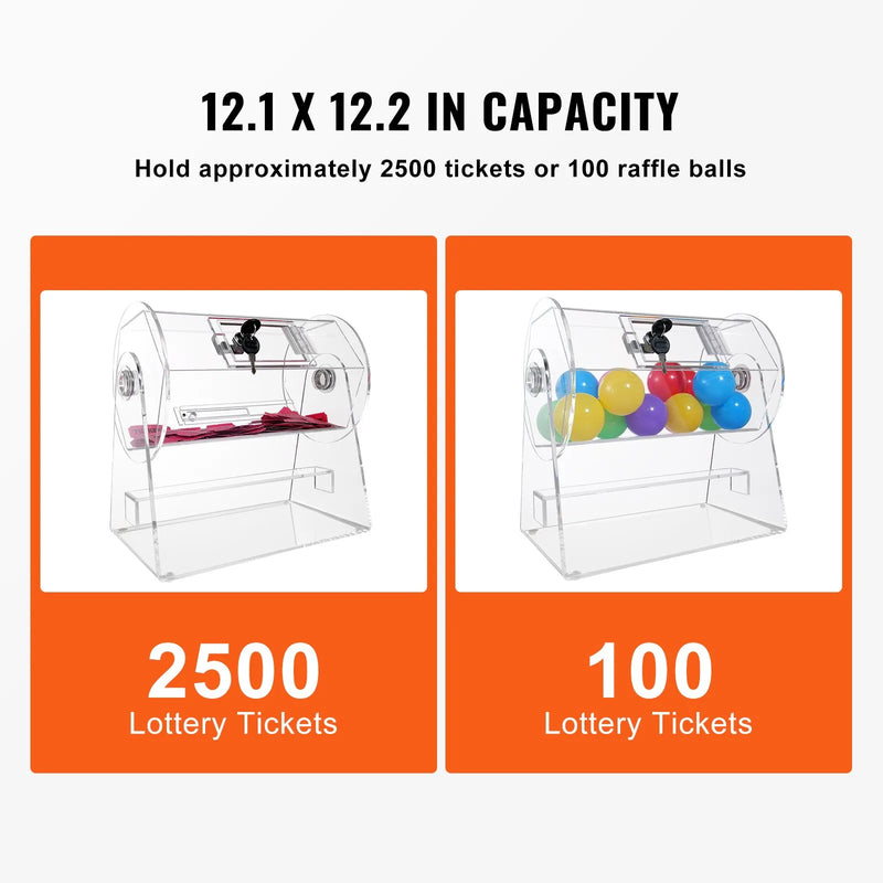 VEVOR akrila loterijas bungas, ietilpība līdz 2500 biļetēm vai 100 loterijas bumbiņām, profesionāls izlozes grozs ar 2 atslēgām, caurspīdīga izlozes bungas loterijām un bingo spēlēm