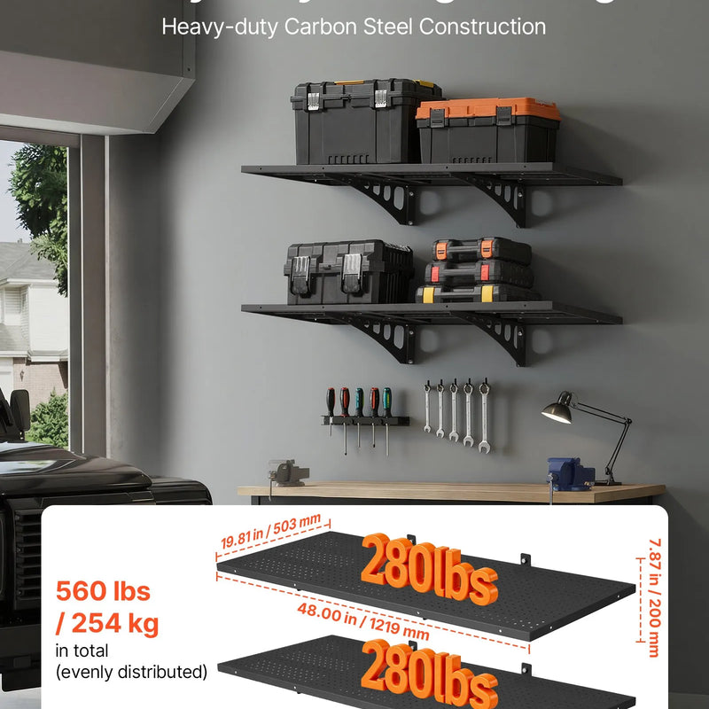 VEVOR lieljaudas 2 līmeņu sienas plauktu komplekts garāžai, 500 × 1220 mm katram plauktam, tērauda piekaramā uzglabāšanas sistēma, kopējā kravnesība 254 kg, garāžai, darbnīcai, noliktavai un veļas telpai, melns.