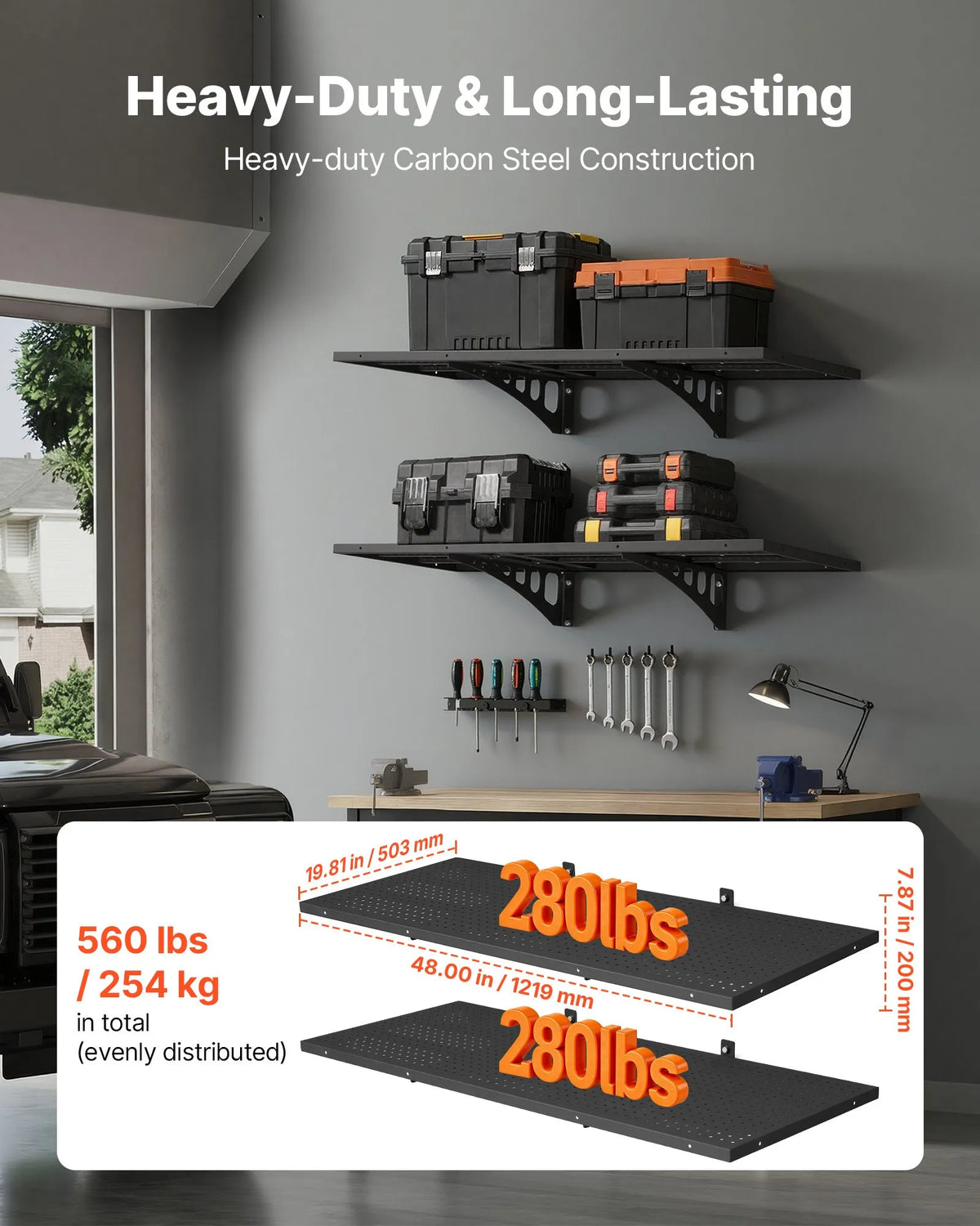 VEVOR suure kandevõimega kaheastmeline seinariiulite komplekt garaažile, iga riiuli mõõtmed 500 × 1220 mm, terasest riputatav hoiustamissüsteem, kogukandevõime 254 kg, garaažile, töökodule, laole ja pesuruumile, must.
