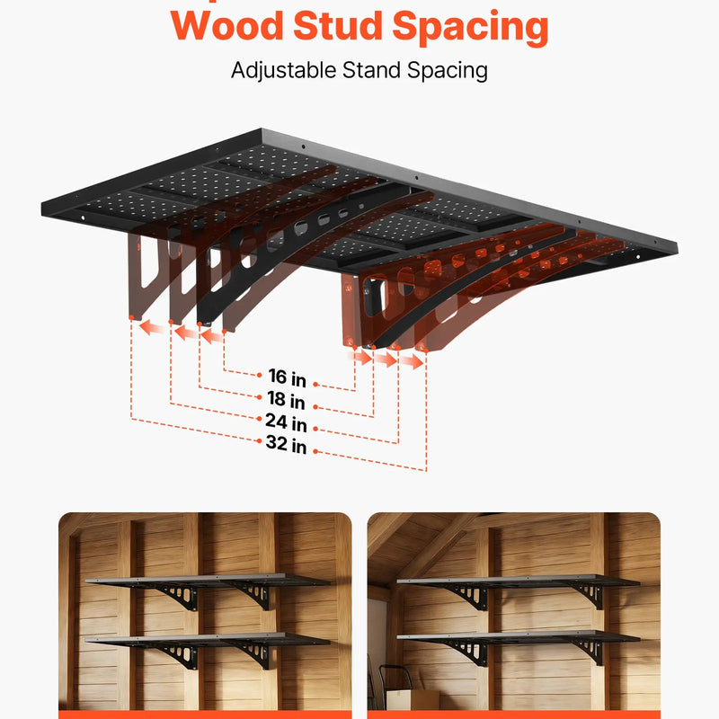VEVOR lieljaudas 2 līmeņu sienas plauktu komplekts garāžai, 500 × 1220 mm katram plauktam, tērauda piekaramā uzglabāšanas sistēma, kopējā kravnesība 254 kg, garāžai, darbnīcai, noliktavai un veļas telpai, melns.