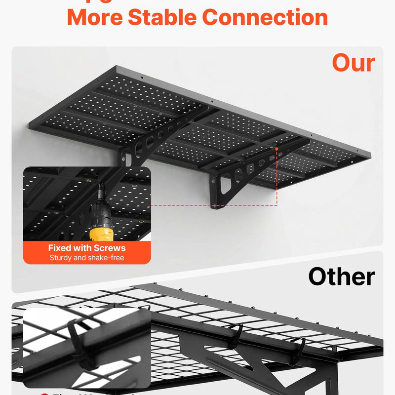VEVOR lieljaudas 2 līmeņu sienas plauktu komplekts garāžai, 500 × 1220 mm katram plauktam, tērauda piekaramā uzglabāšanas sistēma, kopējā kravnesība 254 kg, garāžai, darbnīcai, noliktavai un veļas telpai, melns.