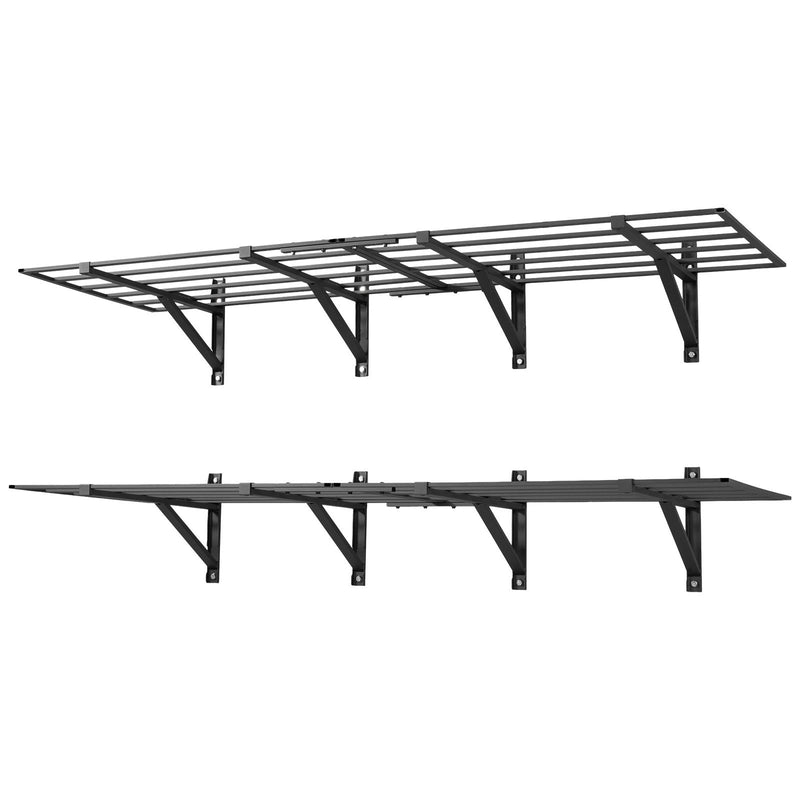 VEVOR lieljaudas 2 līmeņu sienas plauktu komplekts garāžai, 1832 × 635 mm katram plauktam, 4 daļu oglekļa tērauda piekaramā uzglabāšanas sistēma, kopējā kravnesība 725 kg, garāžai, darbnīcai, noliktavai, virtuvei un veļas telpai, melns.