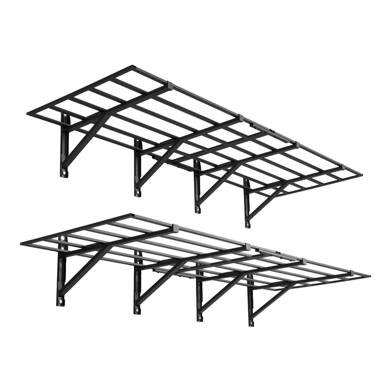 VEVOR lieljaudas 2 līmeņu sienas plauktu komplekts garāžai, 1832 × 635 mm katram plauktam, 4 daļu oglekļa tērauda piekaramā uzglabāšanas sistēma, kopējā kravnesība 725 kg, garāžai, darbnīcai, noliktavai, virtuvei un veļas telpai, melns.