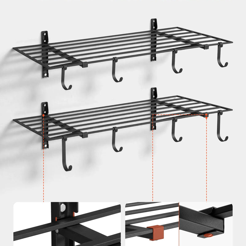 VEVOR lieljaudas 2 līmeņu sienas plauktu komplekts garāžai, 1219 × 615 mm katram plauktam, oglekļa tērauda piekaramā uzglabāšanas sistēma ar 8 āķiem, kopējā kravnesība 235 kg, garāžai, darbnīcai, noliktavai, virtuvei un veļas telpai, melns