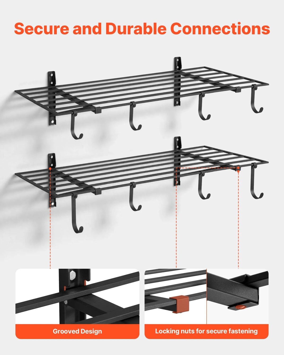 VEVOR lieljaudas 2 līmeņu sienas plauktu komplekts garāžai, 1219 × 615 mm katram plauktam, oglekļa tērauda piekaramā uzglabāšanas sistēma ar 8 āķiem, kopējā kravnesība 235 kg, garāžai, darbnīcai, noliktavai, virtuvei un veļas telpai, melns