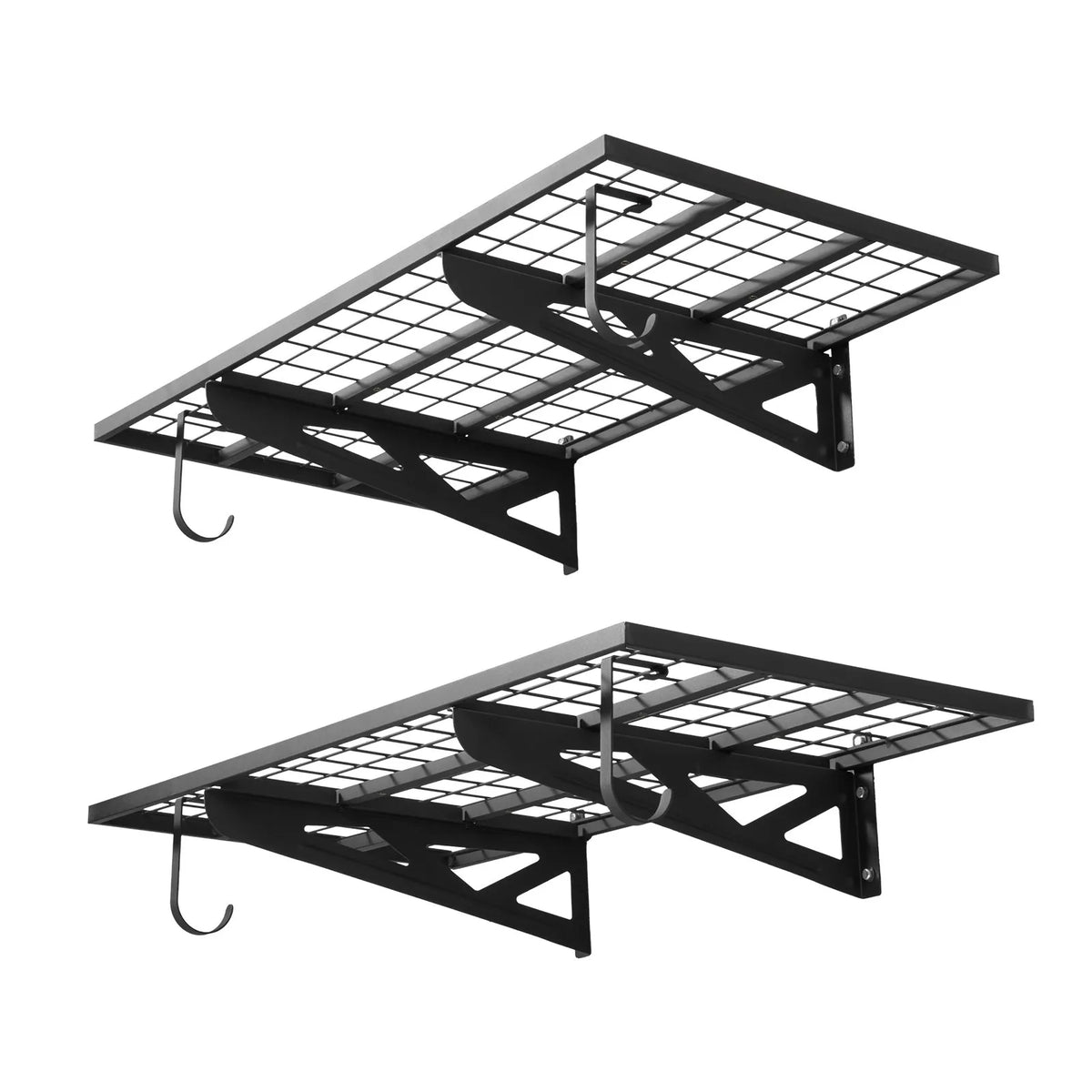 VEVOR lieljaudas 2 līmeņu sienas plauktu komplekts garāžai, 1219 × 620 mm katram plauktam, oglekļa tērauda piekaramā uzglabāšanas sistēma ar 4 āķiem, kopējā kravnesība 227 kg, garāžai, darbnīcai, noliktavai un saimniecības telpai, melns