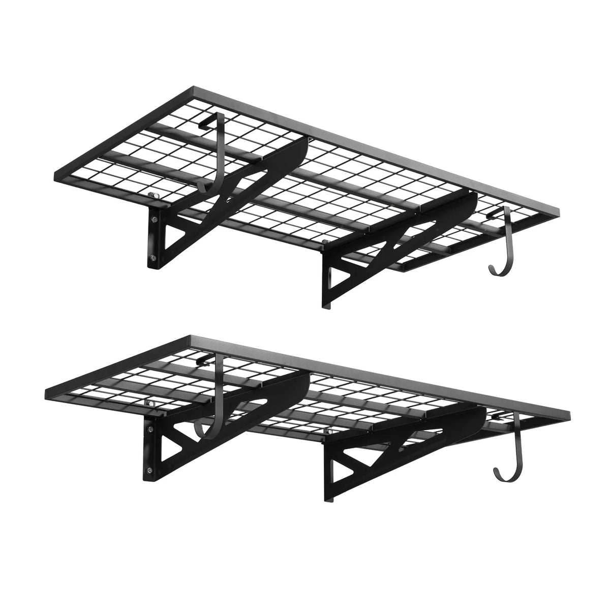 VEVOR lieljaudas 2 līmeņu sienas plauktu komplekts garāžai, 1219 × 620 mm katram plauktam, oglekļa tērauda piekaramā uzglabāšanas sistēma ar 4 āķiem, kopējā kravnesība 227 kg, garāžai, darbnīcai, noliktavai un saimniecības telpai, melns