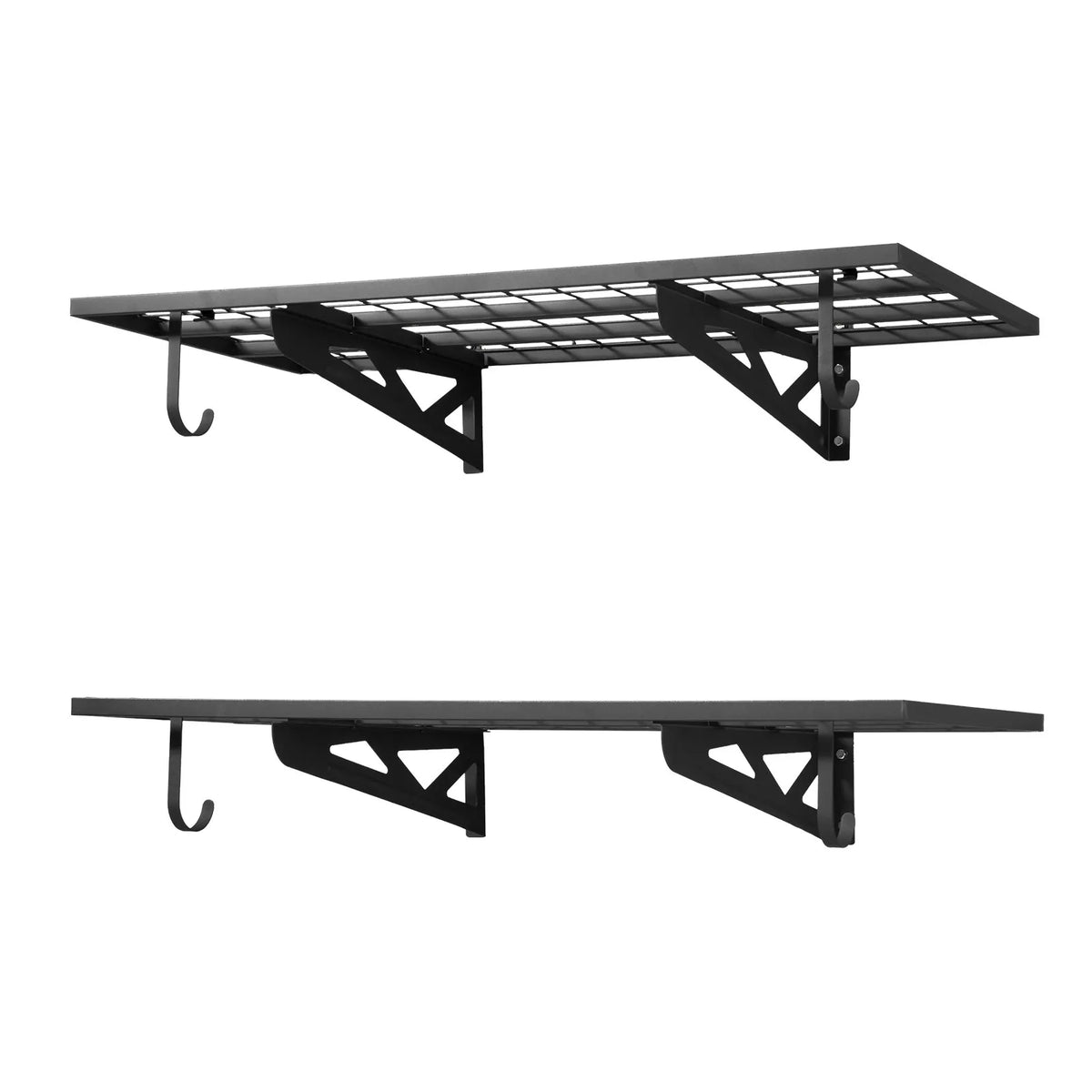VEVOR lieljaudas 2 līmeņu sienas plauktu komplekts garāžai, 1219 × 620 mm katram plauktam, oglekļa tērauda piekaramā uzglabāšanas sistēma ar 4 āķiem, kopējā kravnesība 227 kg, garāžai, darbnīcai, noliktavai un saimniecības telpai, melns