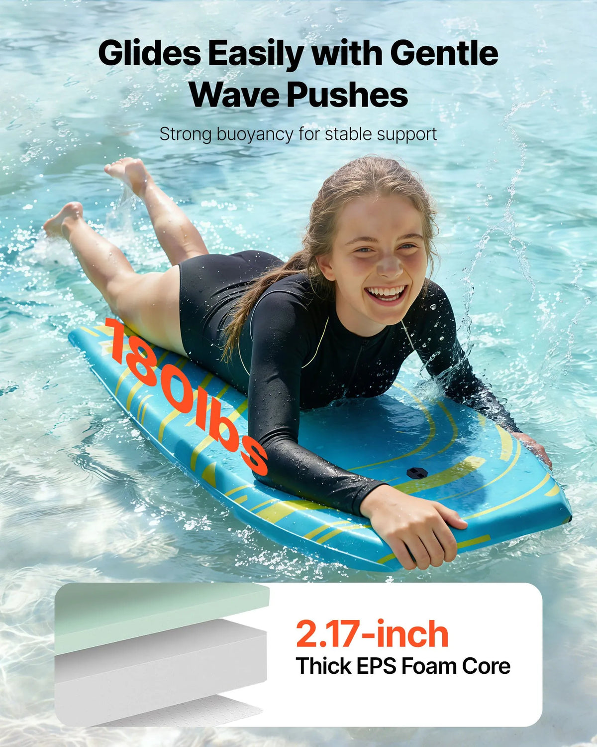 VEVOR bodyboards 1055 mm, EPS putu kodols, ar plaukstas siksnu, UV izturīgs, iesācējiem un jauniešiem līdz 82 kg - ZEMLETES.LV