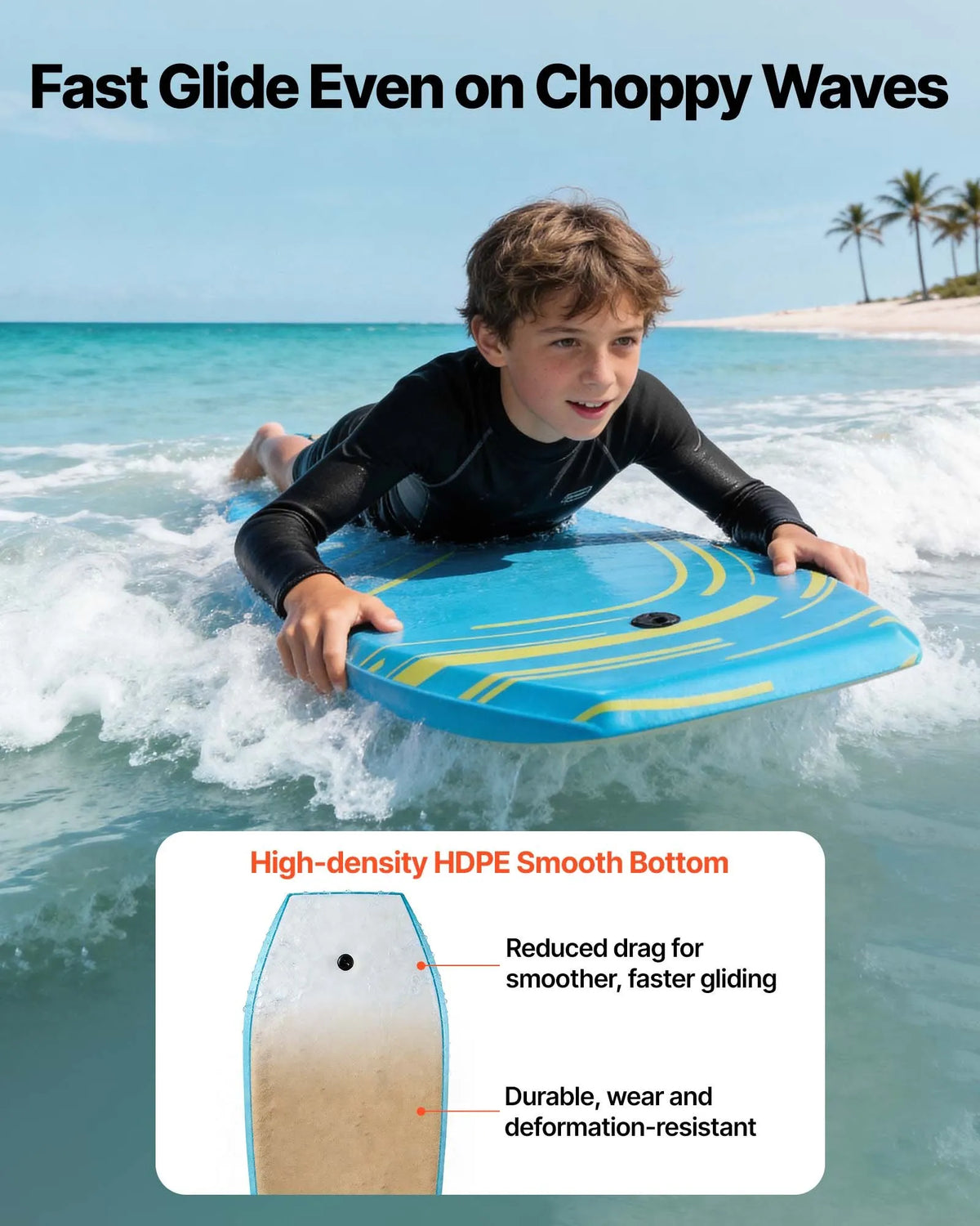 VEVOR bodyboards 1055 mm, EPS putu kodols, ar plaukstas siksnu, UV izturīgs, iesācējiem un jauniešiem līdz 82 kg - ZEMLETES.LV