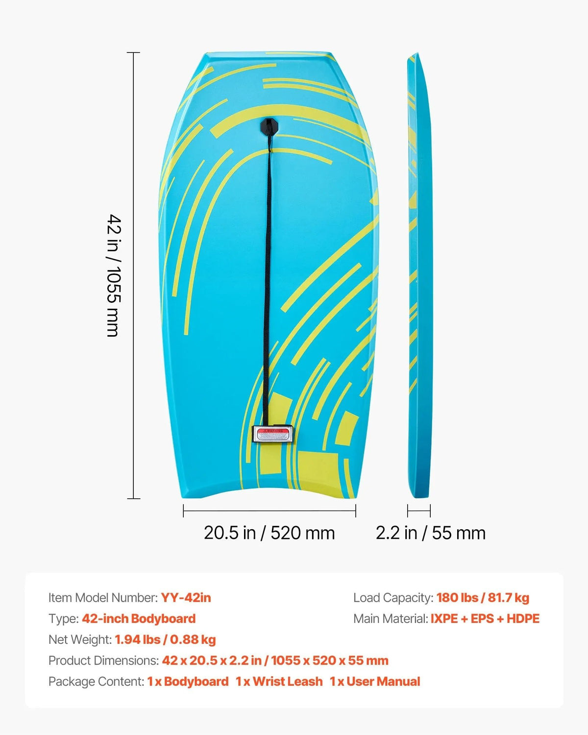 VEVOR bodyboards 1055 mm, EPS putu kodols, ar plaukstas siksnu, UV izturīgs, iesācējiem un jauniešiem līdz 82 kg - ZEMLETES.LV
