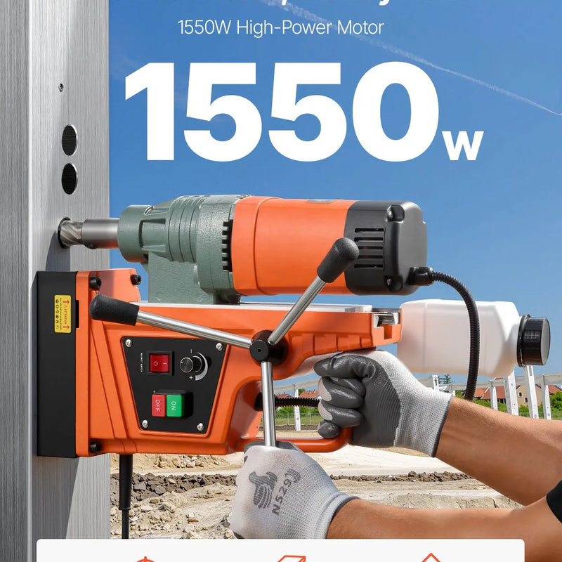 VEVOR magnētiskā urbjmašīna, 1550 W, urbuma diametrs līdz 50 mm, magnētiskais spēks 13 000 N, 0–550 apgr./min, Weldon stiprinājums, pārslodzes aizsardzība, metālam