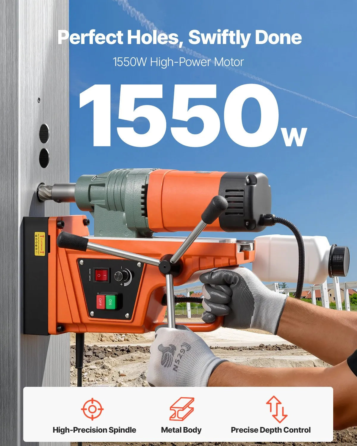 VEVOR magnētiskā urbjmašīna, 1550 W, urbuma diametrs līdz 50 mm, magnētiskais spēks 13 000 N, 0–550 apgr./min, Weldon stiprinājums, pārslodzes aizsardzība, metālam