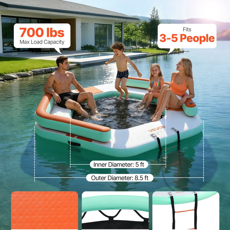 VEVOR piepūšamais peldošais doks 2,6 × 2,6 m, neslīdoša ūdens platforma ar pārnēsājamu somu un noņemamām kāpnēm, peldoša platforma baseinam, pludmalei un jūrai - ZEMLETES.LV