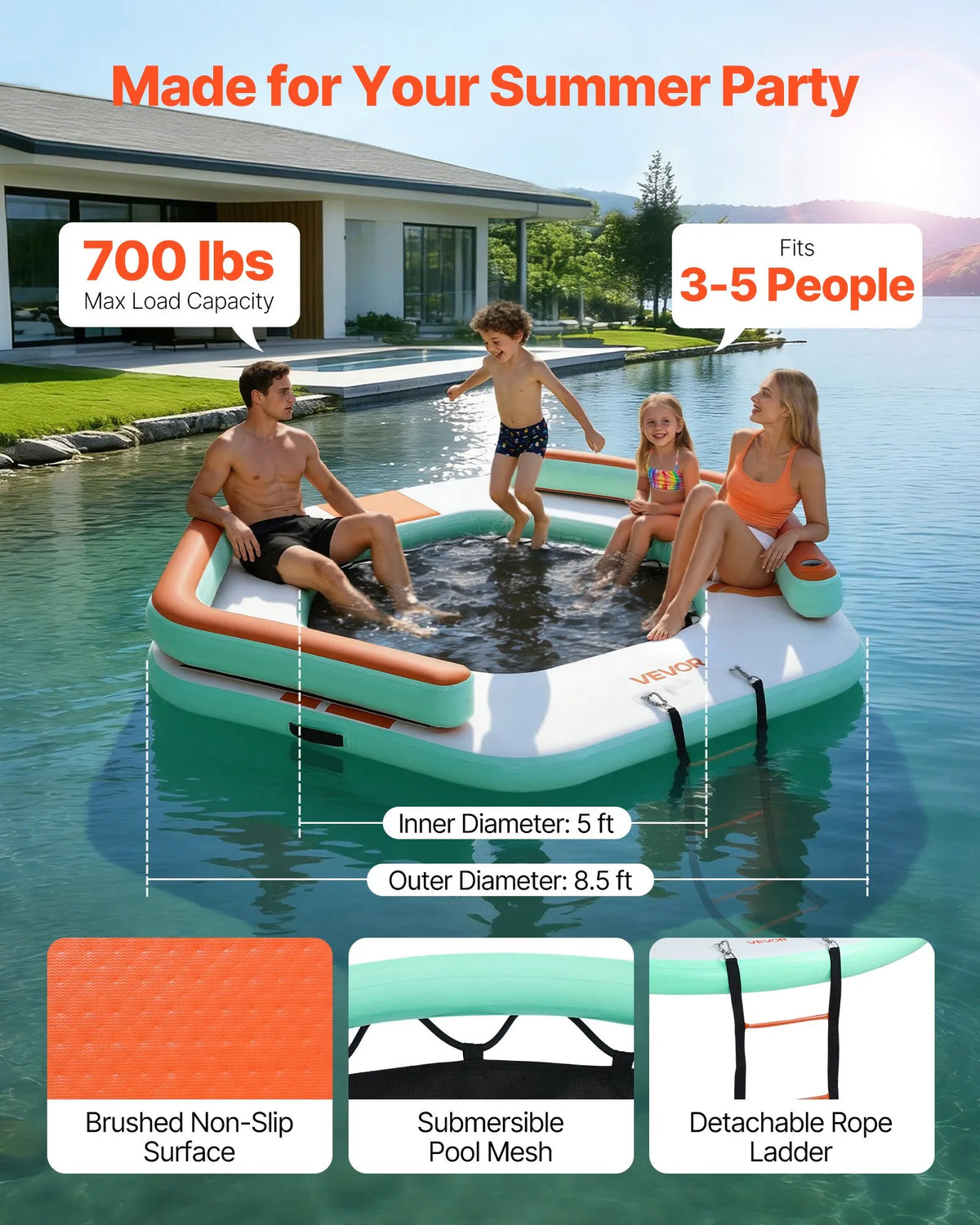 VEVOR piepūšamais peldošais doks 2,6 × 2,6 m, neslīdoša ūdens platforma ar pārnēsājamu somu un noņemamām kāpnēm, peldoša platforma baseinam, pludmalei un jūrai - ZEMLETES.LV