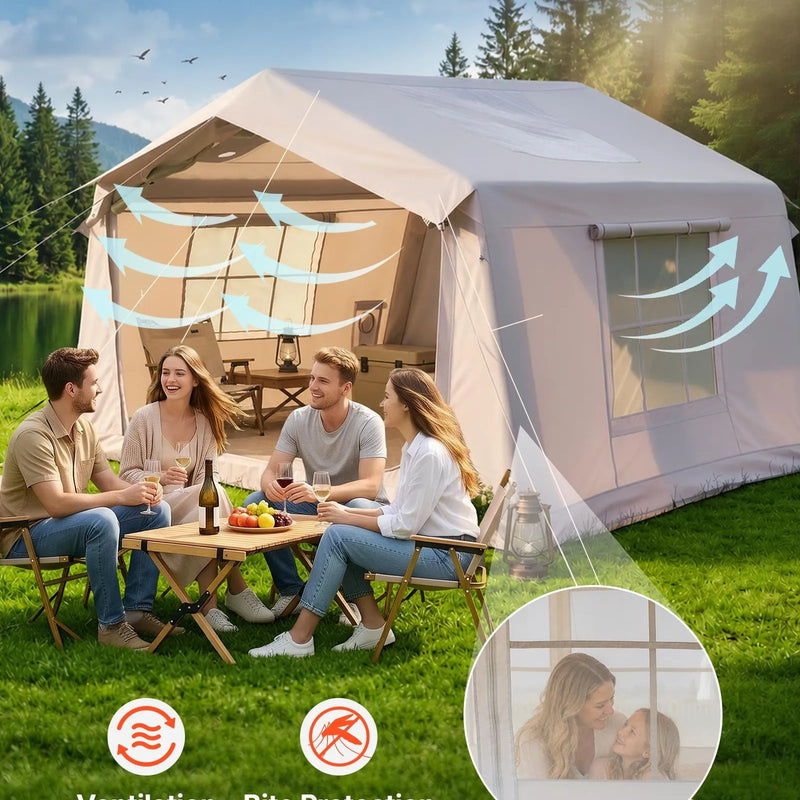 VEVOR YLCQZP3 piepūšamā telts 2–4 personām, 3,2 × 2,5 m, 420D Oxford, ūdensizturīga, ar jumta logu, krāsns izvadu, moskītu tīkliem un rokas sūkni