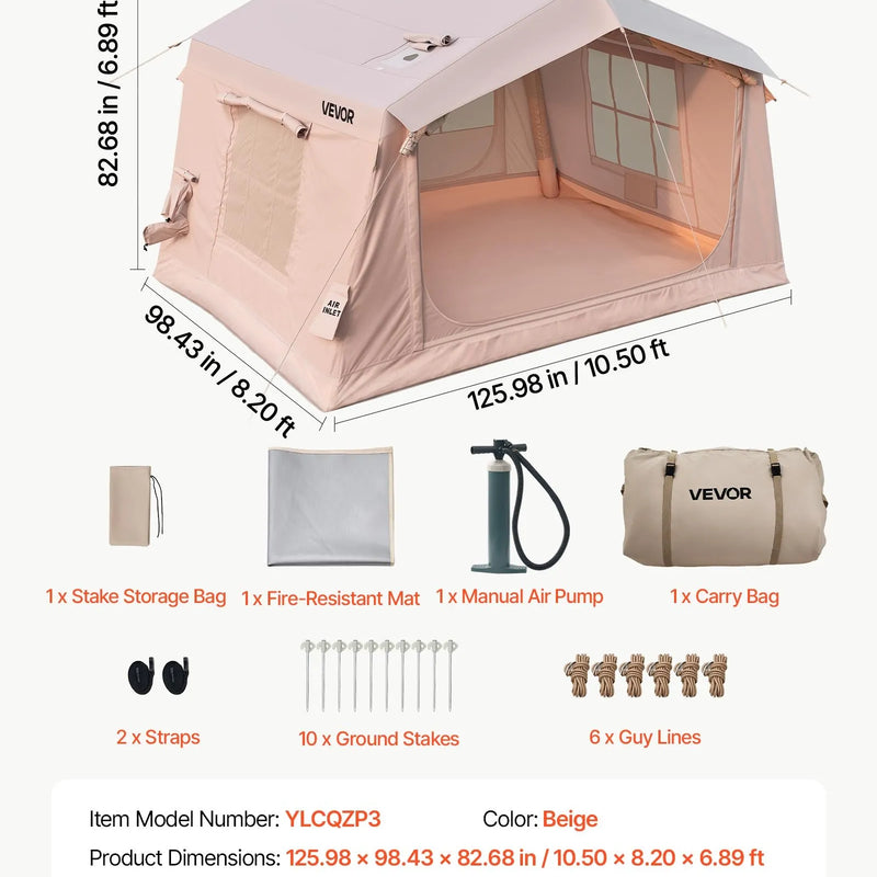 VEVOR YLCQZP3 piepūšamā telts 2–4 personām, 3,2 × 2,5 m, 420D Oxford, ūdensizturīga, ar jumta logu, krāsns izvadu, moskītu tīkliem un rokas sūkni