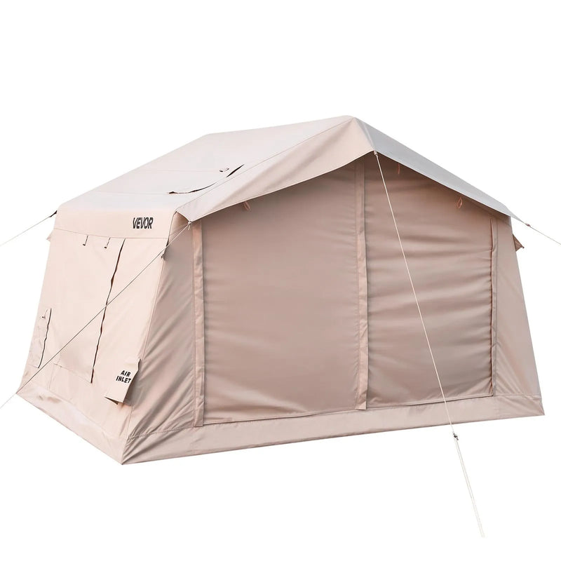VEVOR YLCQZP3 piepūšamā telts 2–4 personām, 3,2 × 2,5 m, 420D Oxford, ūdensizturīga, ar jumta logu, krāsns izvadu, moskītu tīkliem un rokas sūkni
