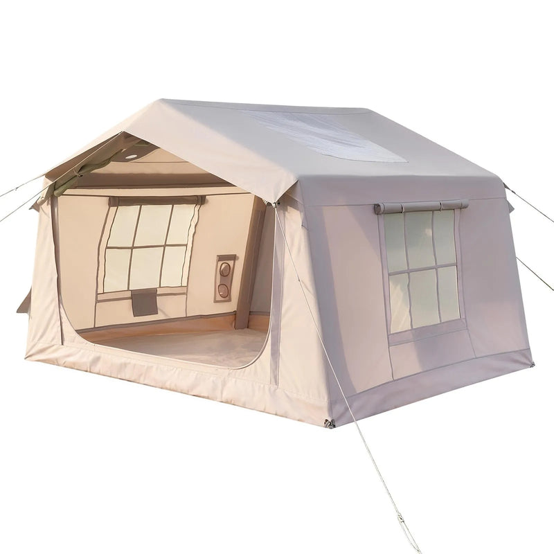 VEVOR YLCQZP3 piepūšamā telts 2–4 personām, 3,2 × 2,5 m, 420D Oxford, ūdensizturīga, ar jumta logu, krāsns izvadu, moskītu tīkliem un rokas sūkni