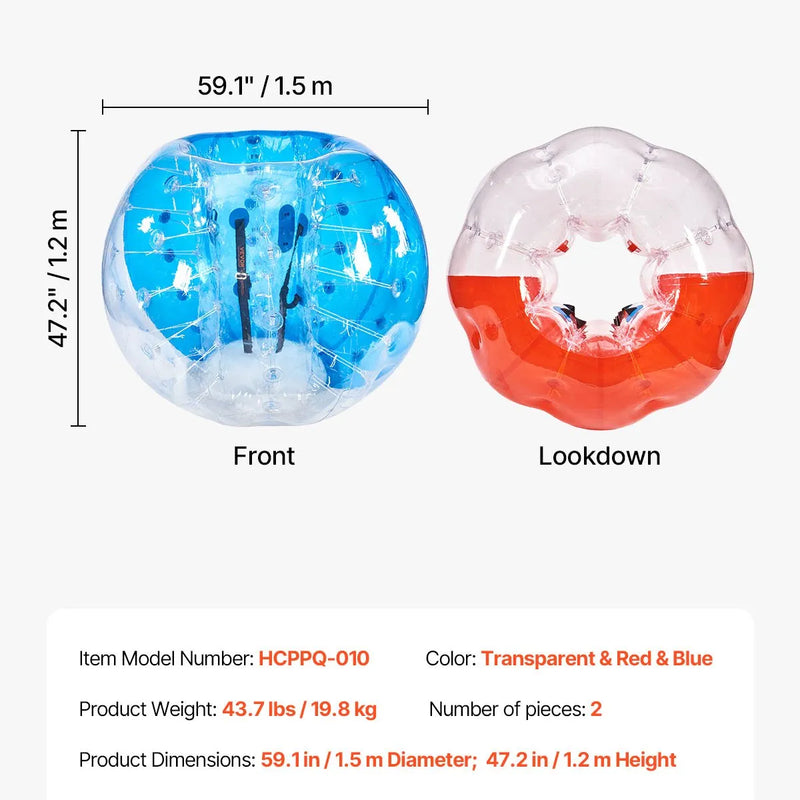 VEVOR piepūšamās bumper bumbas 2 gab., 1,5 m sumo zorb bumbas pusaudžiem un pieaugušajiem, 0,8 mm PVC cilvēka kāmja burbuļbumbas āra komandu spēlēm dārzā, pagalmā un parkā