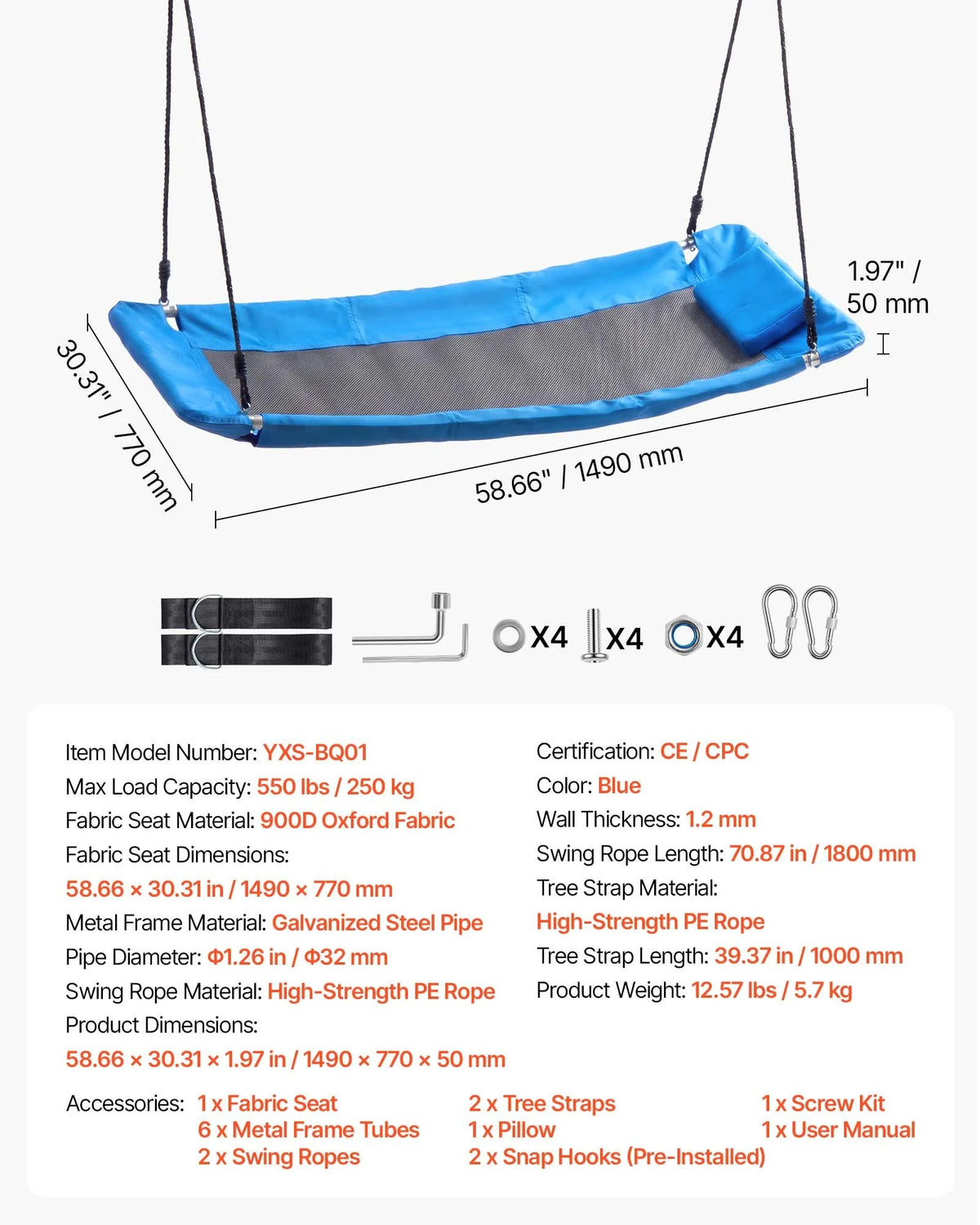 VEVOR 149 cm platvormkiik lastele ja täiskasvanutele, kandevõime 317 kg, 900D Oxford-kangas, reguleeritavad köied ja ümarad servad