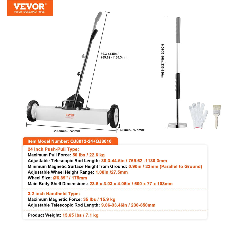 VEVOR magnētiskais savācējs ar riteņiem 610 mm, 22,7 kg celtspēja, ar teleskopisku magnētisko pacēlāju naglu un skrūvju savākšanai darbnīcā, garāžā un pagalmā
