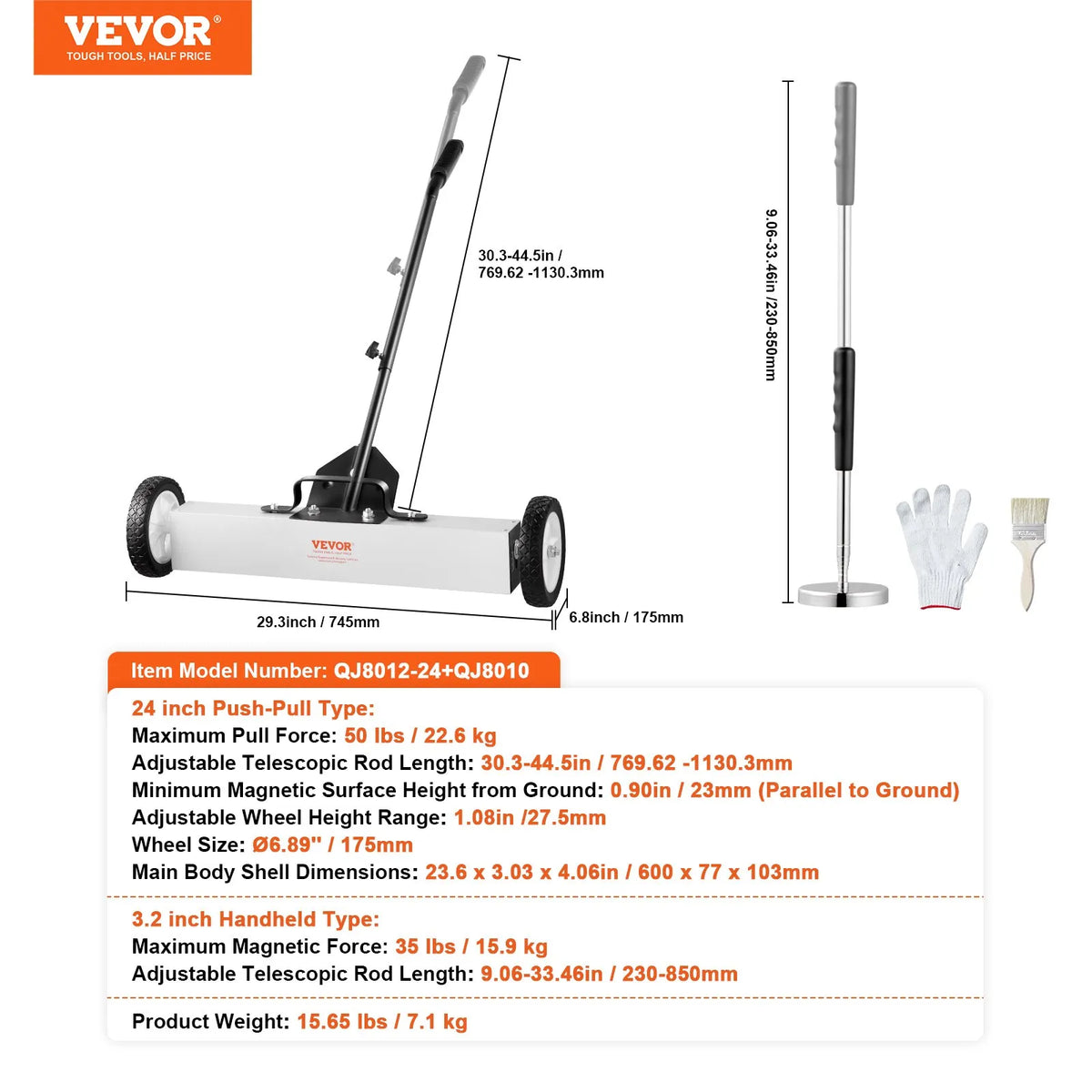 VEVOR magnētiskais savācējs ar riteņiem 610 mm, 22,7 kg celtspēja, ar teleskopisku magnētisko pacēlāju naglu un skrūvju savākšanai darbnīcā, garāžā un pagalmā