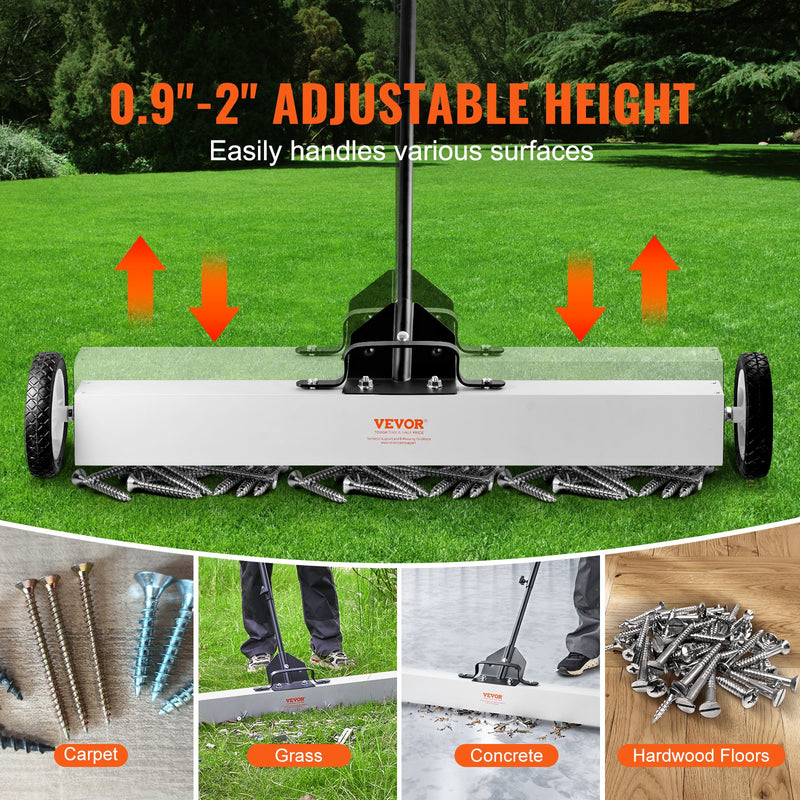 VEVOR magnētiskais savācējs ar riteņiem 914 mm, 25 kg celtspēja, ar teleskopisku magnētisko pacēlāju naglu un skrūvju savākšanai darbnīcā, garāžā un pagalmā