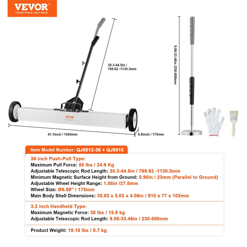 VEVOR magnētiskais savācējs ar riteņiem 914 mm, 25 kg celtspēja, ar teleskopisku magnētisko pacēlāju naglu un skrūvju savākšanai darbnīcā, garāžā un pagalmā