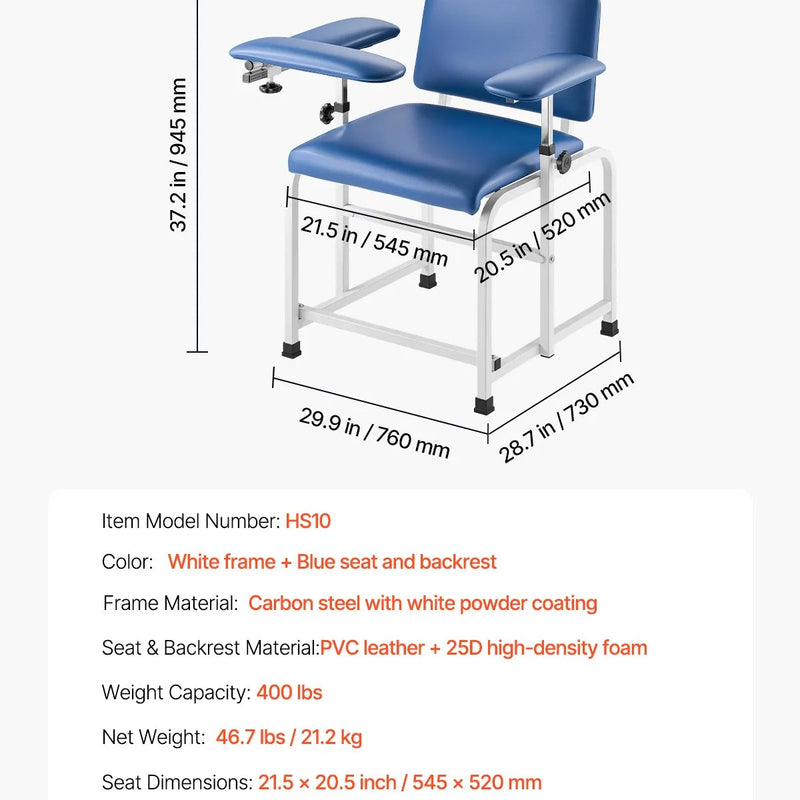 VEVOR asins paraugu ņemšanas krēsls, medicīniskais flebotomijas krēsls ar regulējamiem roku balstiem un nolokāmu roku balstu, nestspēja līdz 181 kg, mīksts PVC ādas sēdeklis slimnīcām, laboratorijām un klīnikām