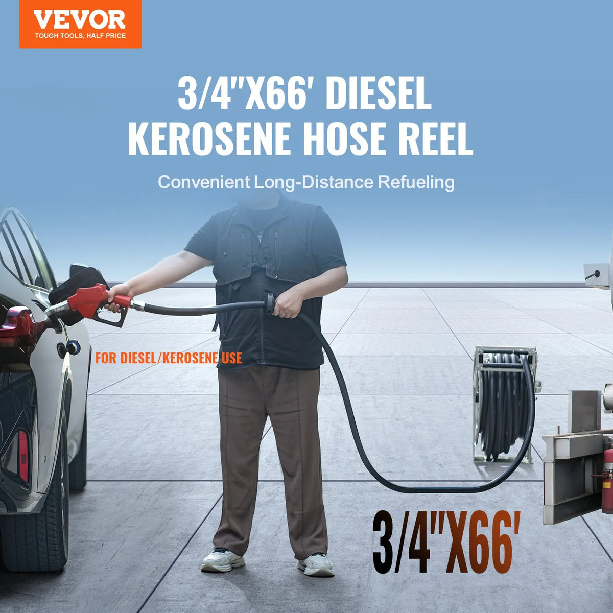 VEVOR degvielas šļūtenes spole 19,05 mm × 20,12 m ar automātisku degvielas pistoli, izvelkama dīzeļdegvielas šļūtene no NBR gumijas, oglekļa tērauda konstrukcija, darba spiediens 20,68 bar, piemērota lidaparātiem, kuģiem, transportlīdzekļiem un cisternām - ZEMLETES.LV