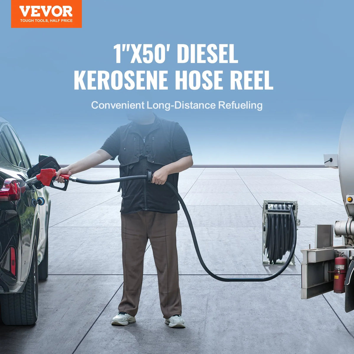 VEVOR degvielas šļūtenes spole 25,4 mm × 15,24 m ar automātisku degvielas pistoli, izvelkama dīzeļdegvielas šļūtene no NBR gumijas, oglekļa tērauda konstrukcija, darba spiediens 20,68 bar, piemērota lidaparātiem, kuģiem, transportlīdzekļiem un cisternām - ZEMLETES.LV