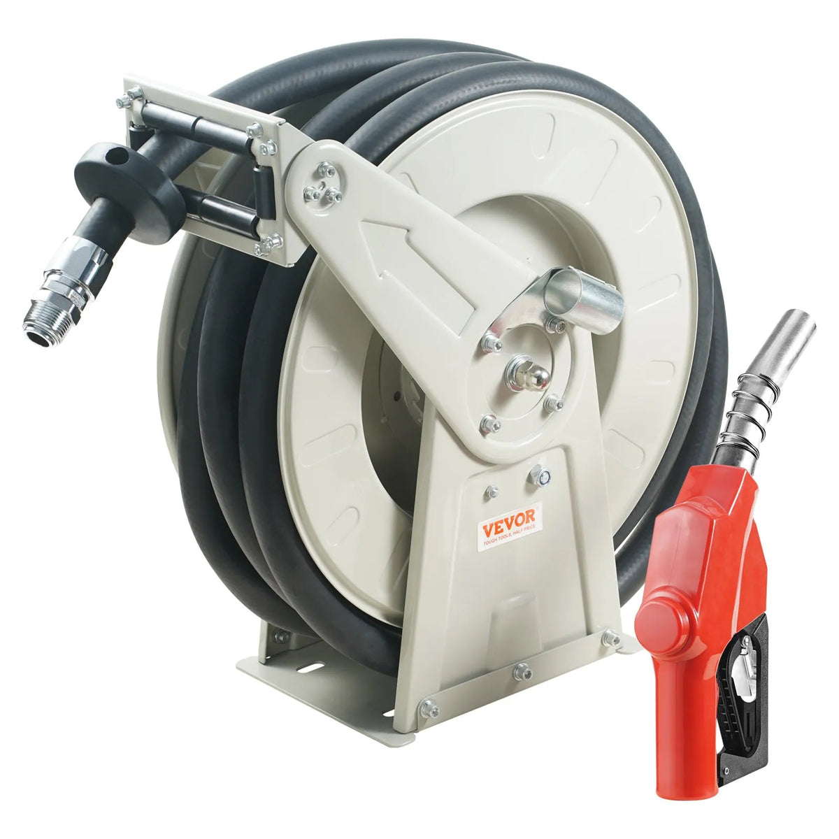VEVOR degvielas šļūtenes spole 19,05 mm × 15,24 m ar automātisku degvielas pistoli, izvelkama dīzeļdegvielas šļūtene no NBR gumijas, oglekļa tērauda konstrukcija, darba spiediens 20,68 bar, piemērota lidaparātiem, kuģiem, transportlīdzekļiem un cisternām - ZEMLETES.LV