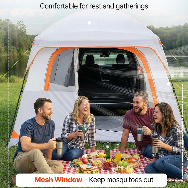 VEVOR SUV telts 6 personām 3,05 × 2,74 m, 3 sezonu bagāžnieka telts ar ventilējamām durvīm un sieta logiem, PU2000 mm ūdensizturība, divējāda lietošana, piemērota kempingam un pārgājieniem - ZEMLETES.LV