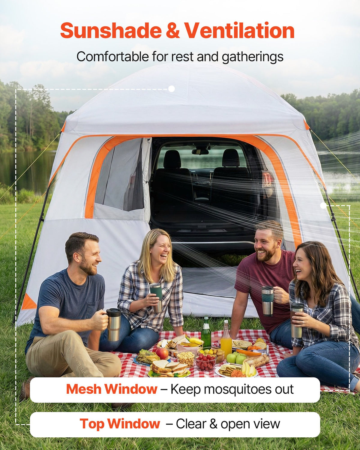 VEVOR SUV telts 6 personām 3,05 × 2,74 m, 3 sezonu bagāžnieka telts ar ventilējamām durvīm un sieta logiem, PU2000 mm ūdensizturība, divējāda lietošana, piemērota kempingam un pārgājieniem - ZEMLETES.LV
