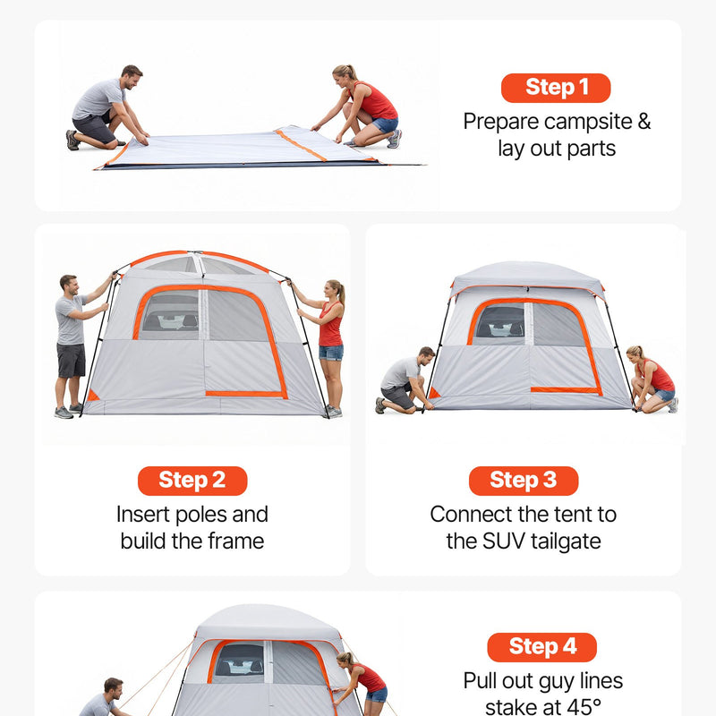 VEVOR SUV telts 6 personām 3,05 × 2,74 m, 3 sezonu bagāžnieka telts ar ventilējamām durvīm un sieta logiem, PU2000 mm ūdensizturība, divējāda lietošana, piemērota kempingam un pārgājieniem - ZEMLETES.LV